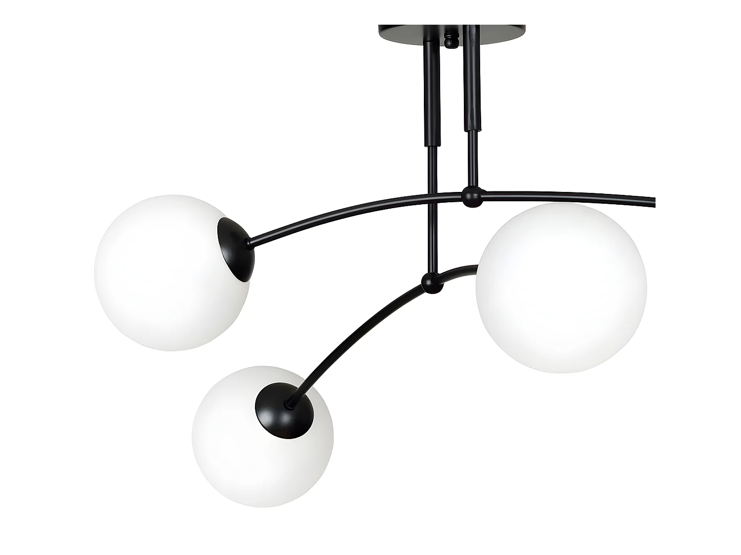 Plafonnier Mobis moderne avec barres noires irrégulières et 4 sphères en verre 4xE14