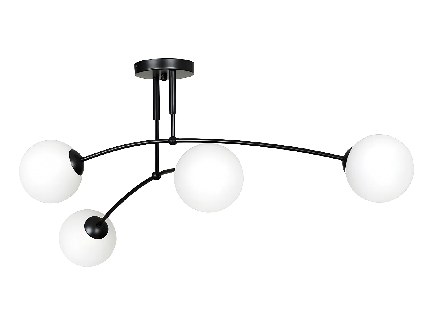 Moderne Plafondlamp Mobis met onregelmatige zwarte balken en 4 glazen bollen 4xE14