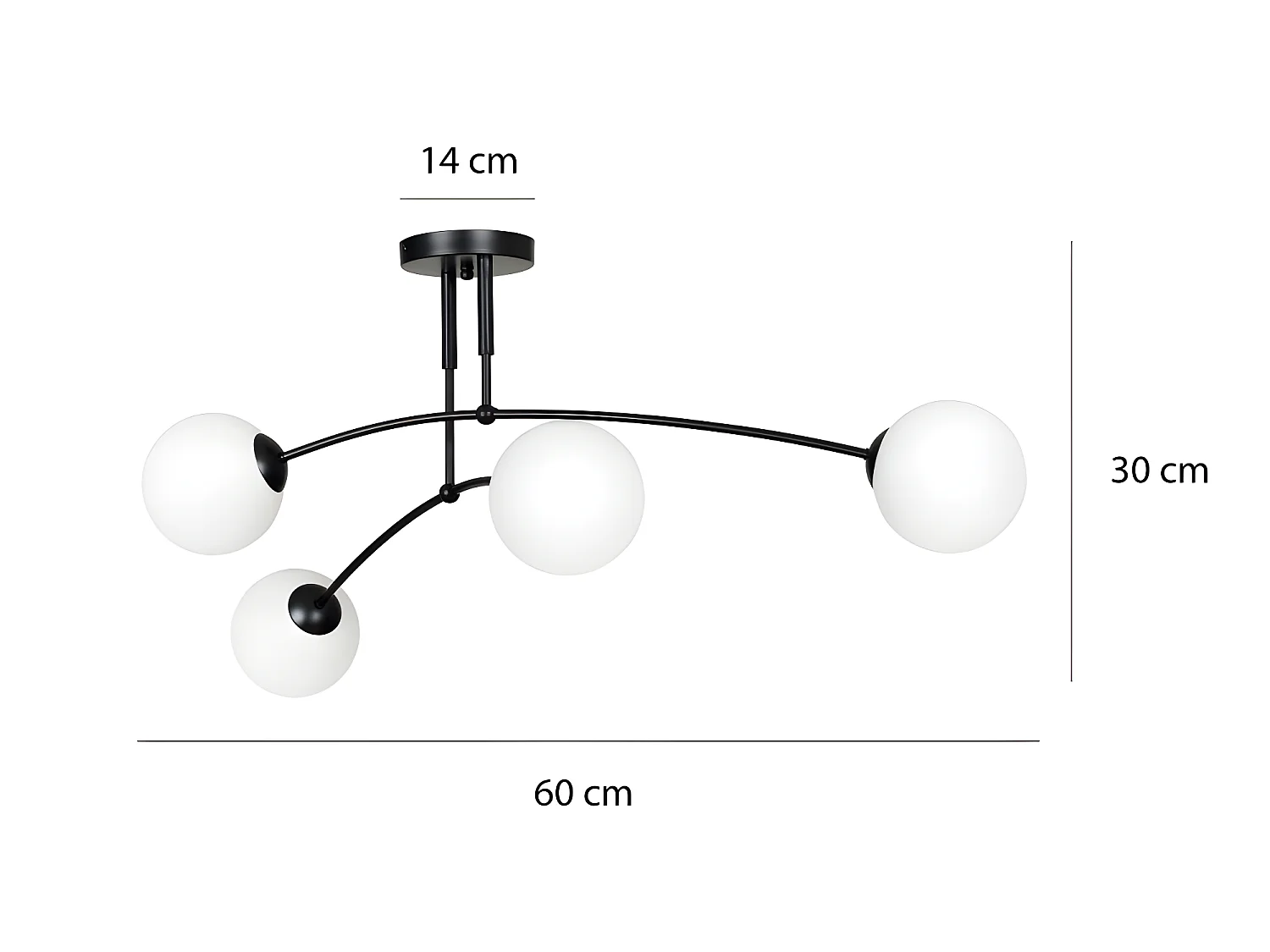 Moderne Plafondlamp Mobis met onregelmatige zwarte balken en 4 glazen bollen 4xE14