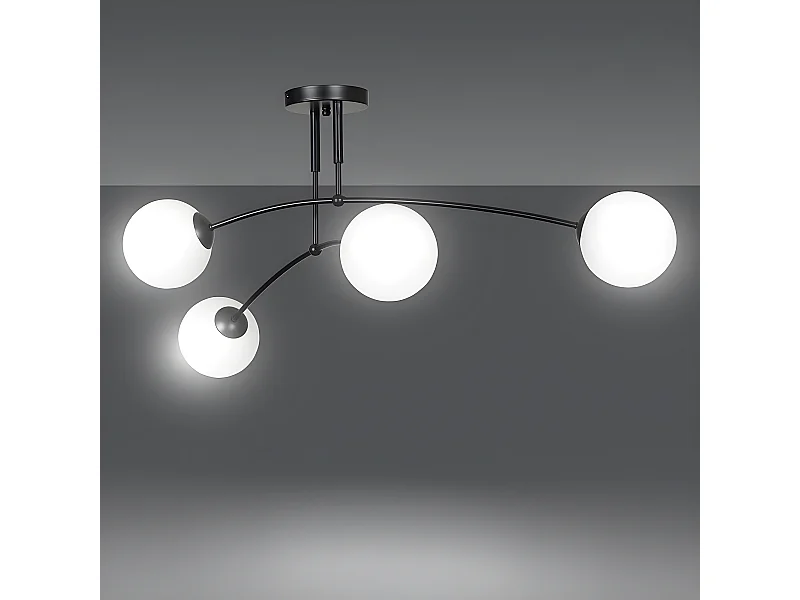 Plafonnier Mobis moderne avec barres noires irrégulières et 4 sphères en verre 4xE14