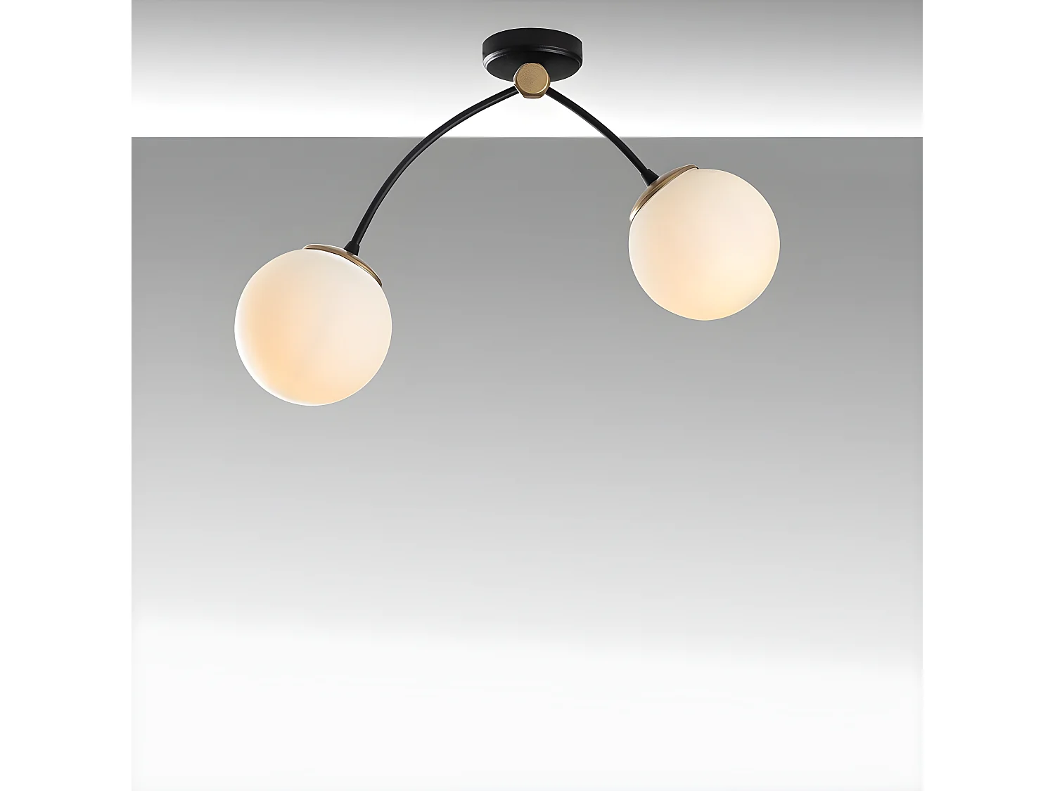 Plafoniera moderna Mosoma con struttura in metallo nero e 2 sfere in vetro 2xE27