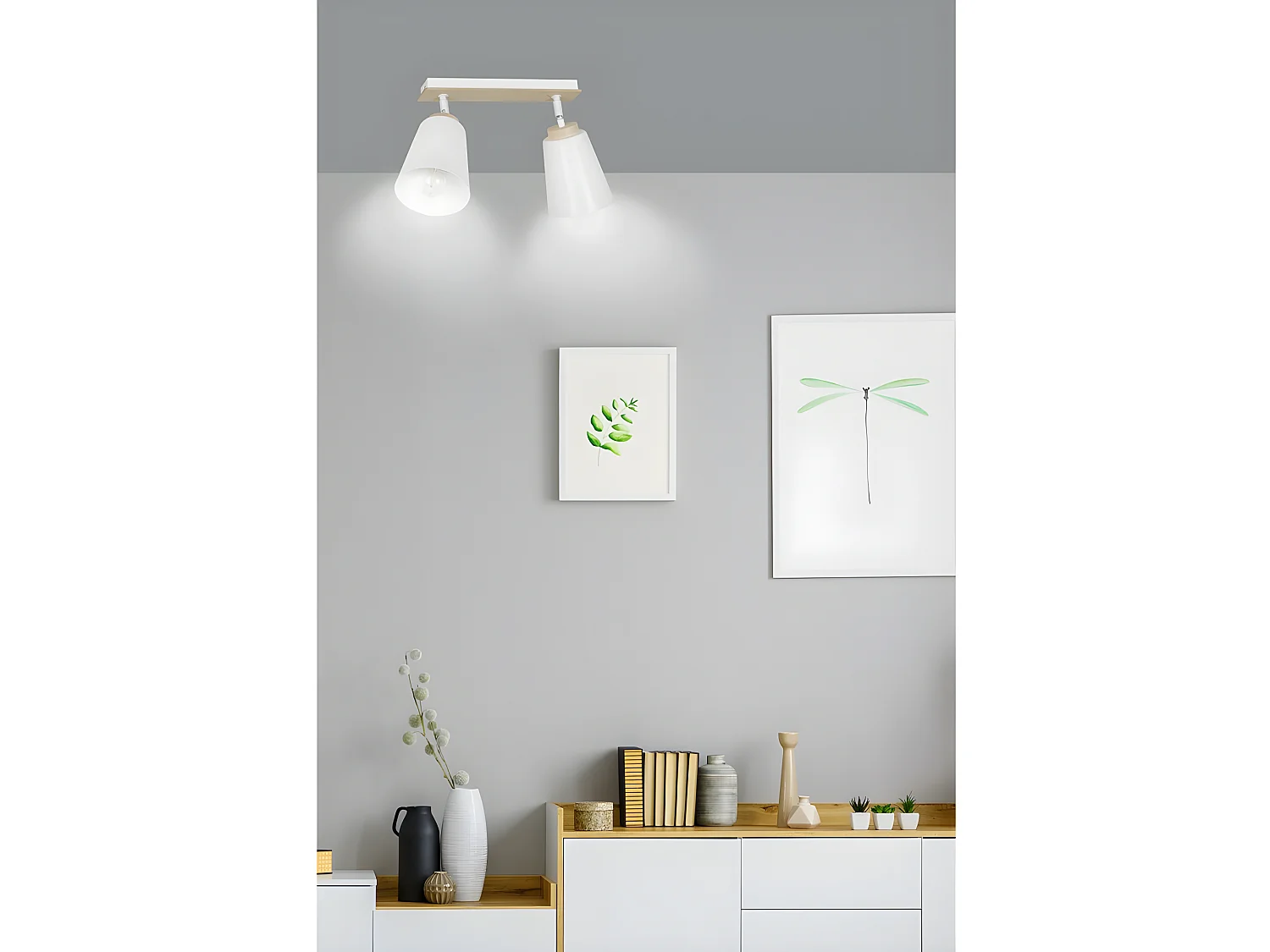 Regleta de techo Tasla nórdico de metal y madera con 2 pantallas orientables blanco 2xE27