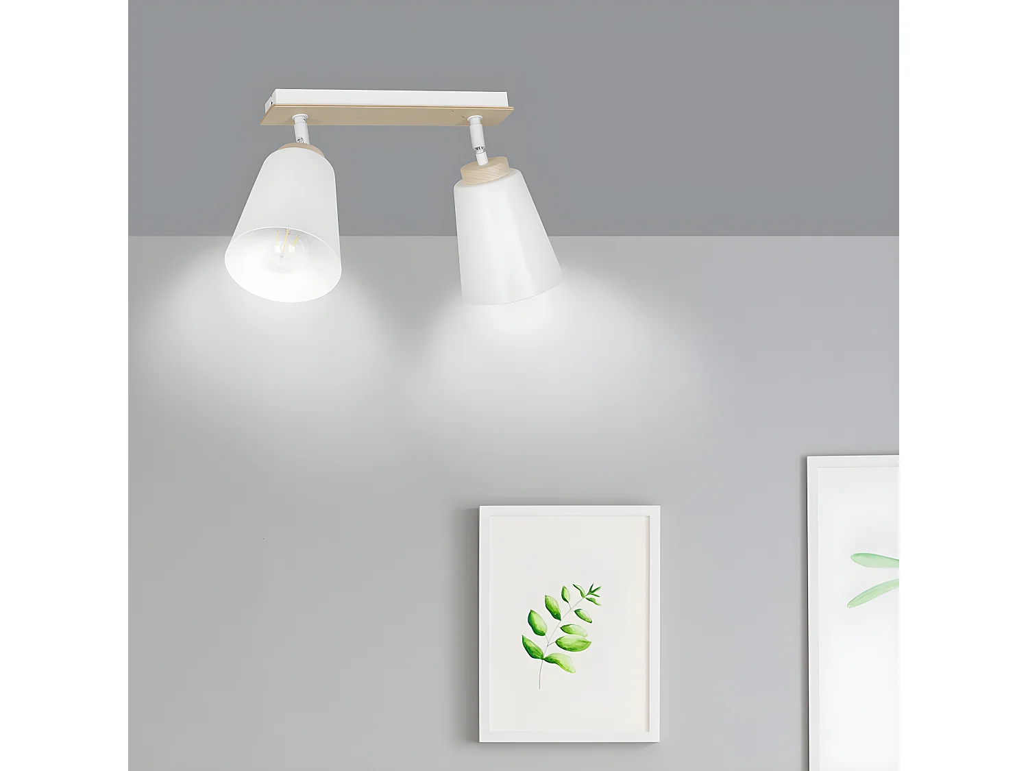 Regleta de techo Tasla nórdico de metal y madera con 2 pantallas orientables blanco 2xE27