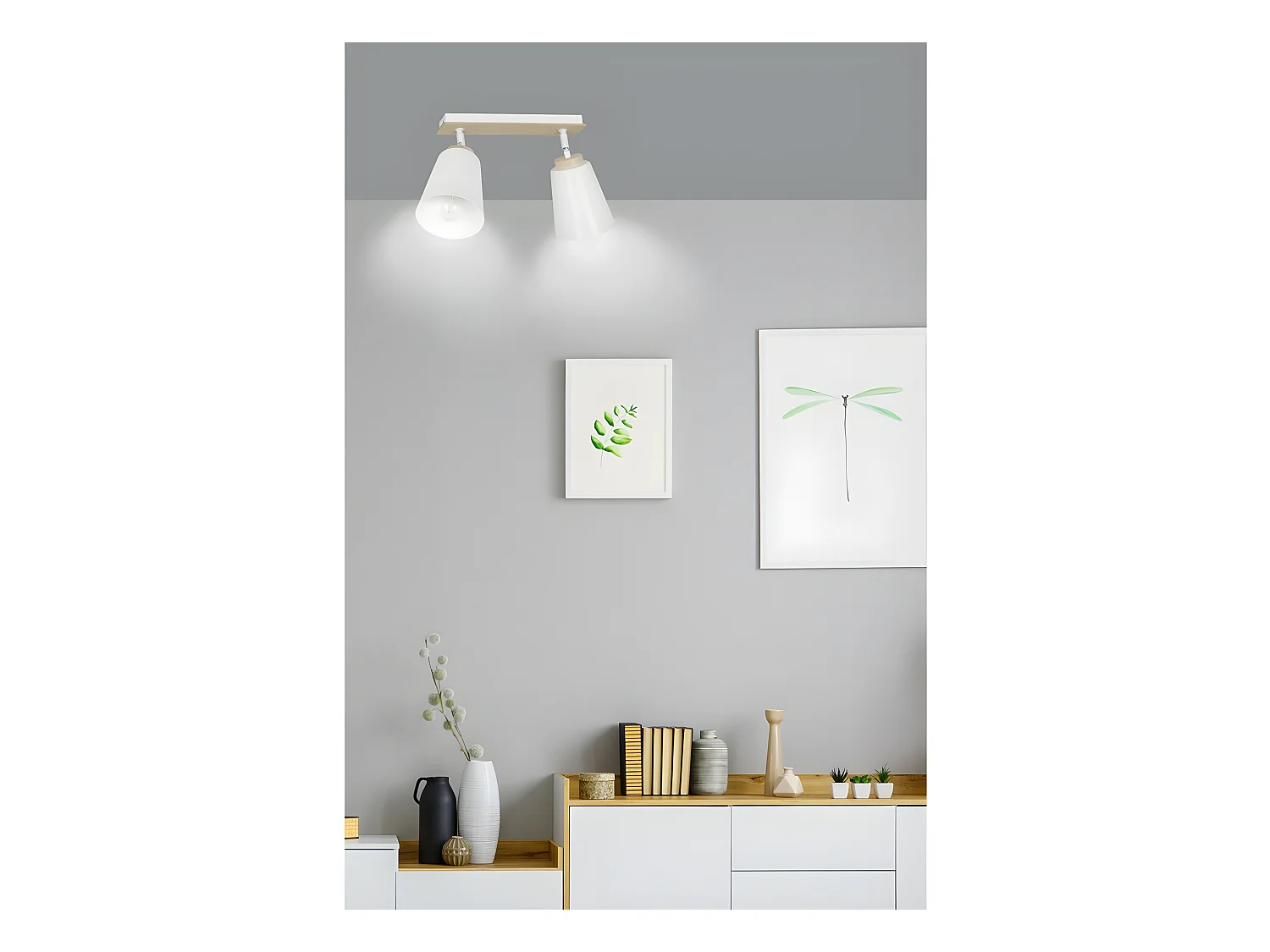 Plafonnier linéaire Tasla en métal et bois avec 2 abat-jour blancs orientables 2xE27