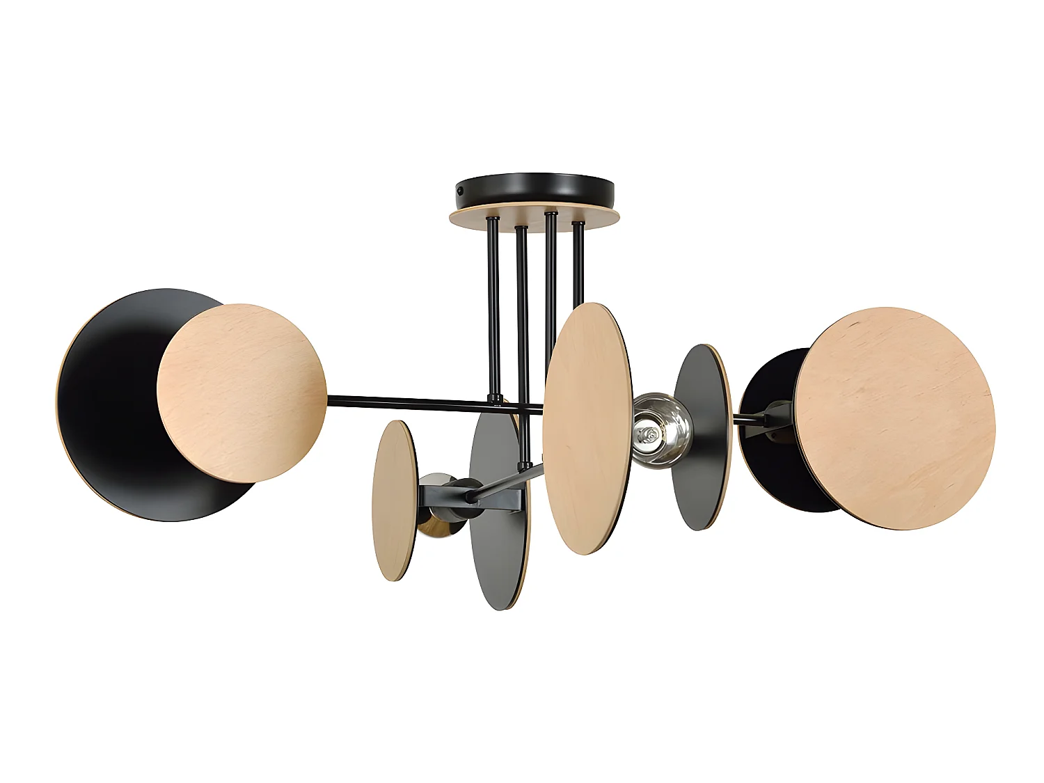 Candeeiro de teto nórdico Olante com 8 peças redondas em preto e madeira 4xE27 ø86cm