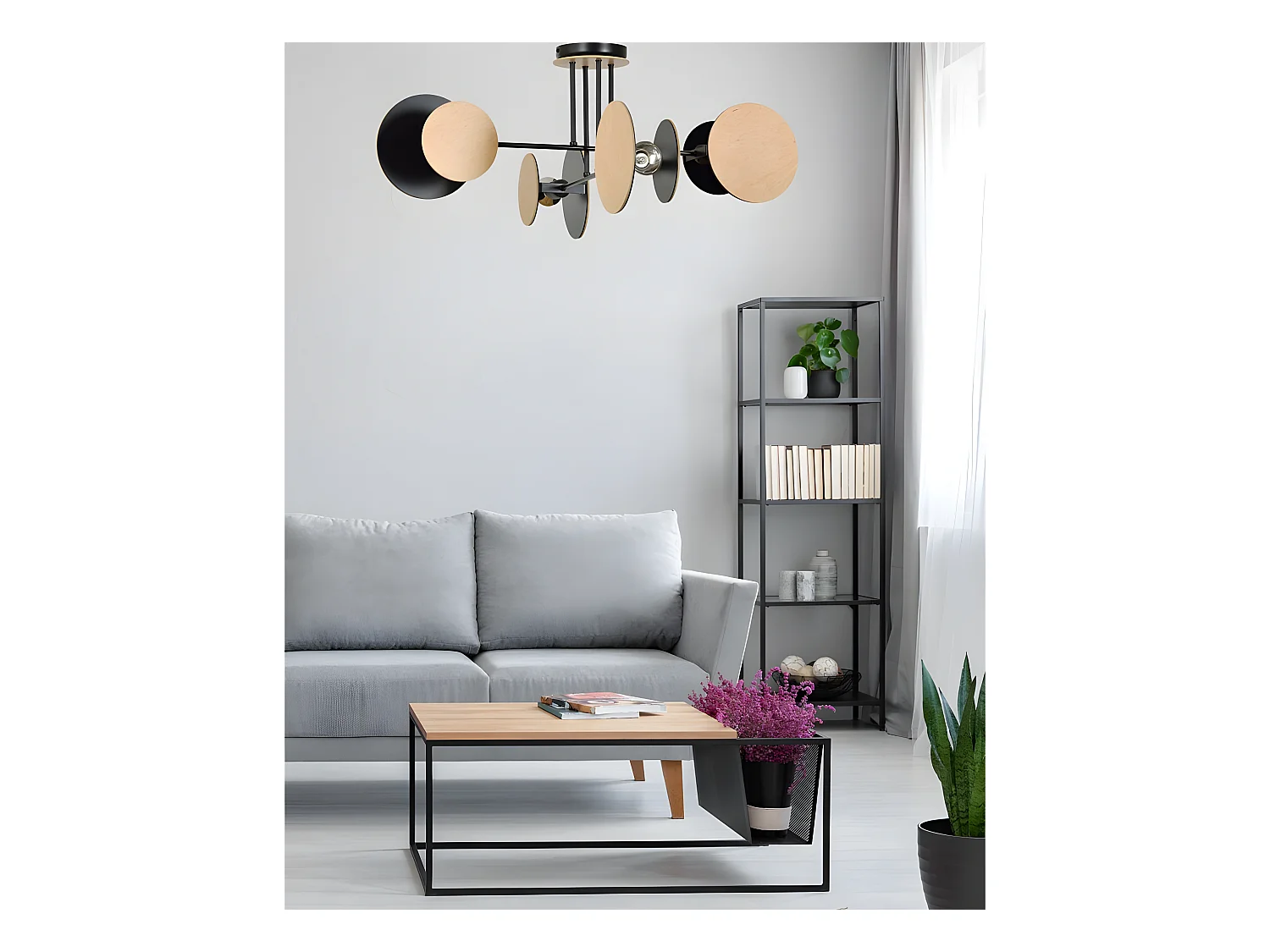 Plafonnier Nordic Olante avec 8 pièces circulaires en noir et bois 4xE27 ø86cm