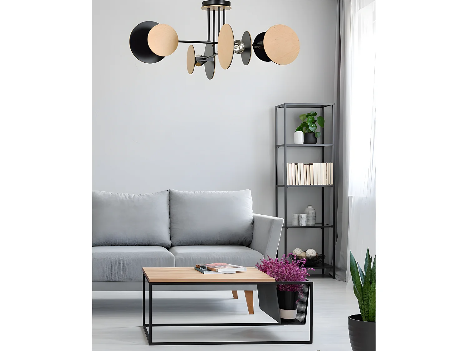 Olante Nordic plafondlamp met 8 ronde stukken in zwart en hout 4xE27 ø86cm