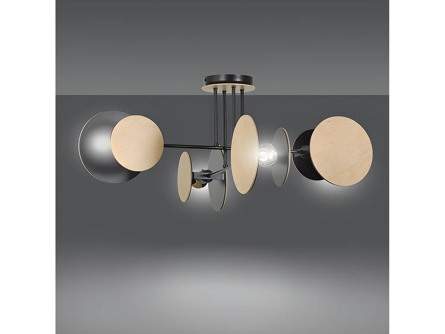 Olante Nordic plafondlamp met 8 ronde stukken in zwart en hout 4xE27 ø86cm