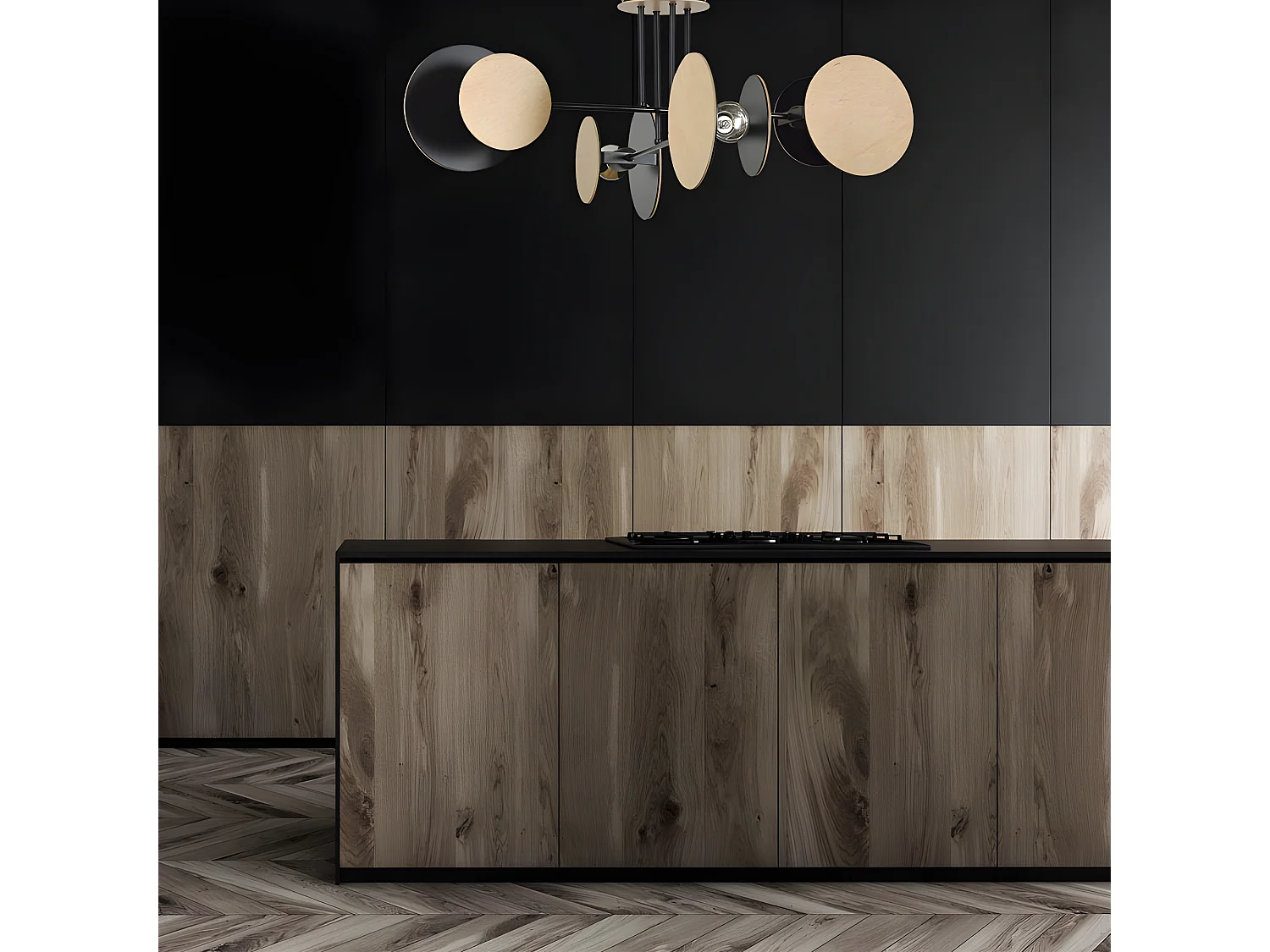 Olante Nordic plafondlamp met 8 ronde stukken in zwart en hout 4xE27 ø86cm