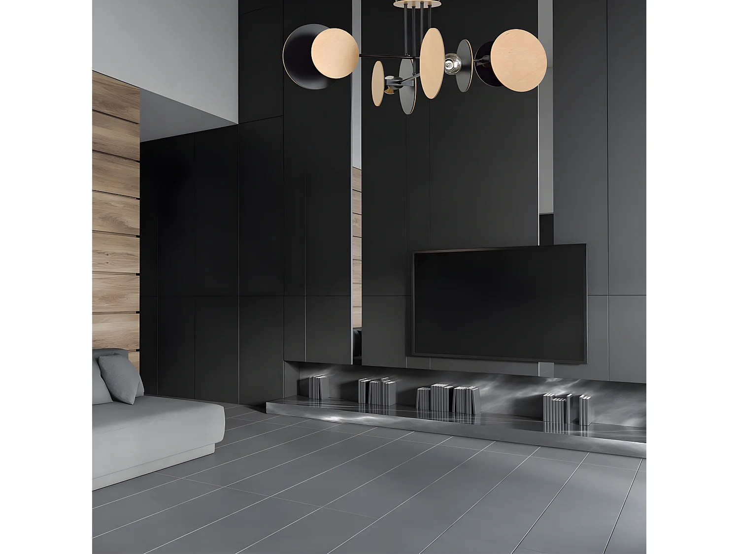 Olante Nordic plafondlamp met 8 ronde stukken in zwart en hout 4xE27 ø86cm