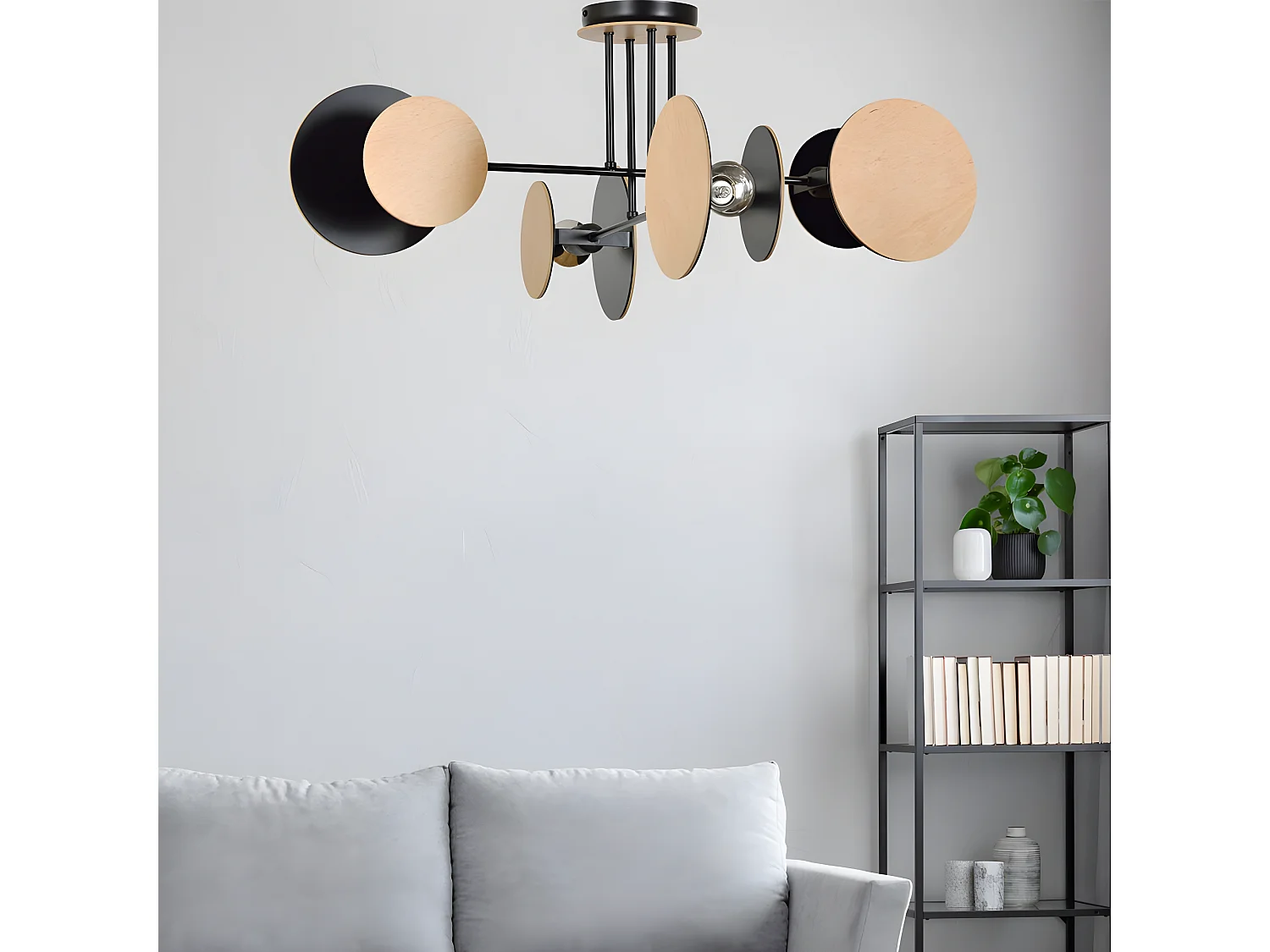 Olante Nordic plafondlamp met 8 ronde stukken in zwart en hout 4xE27 ø86cm