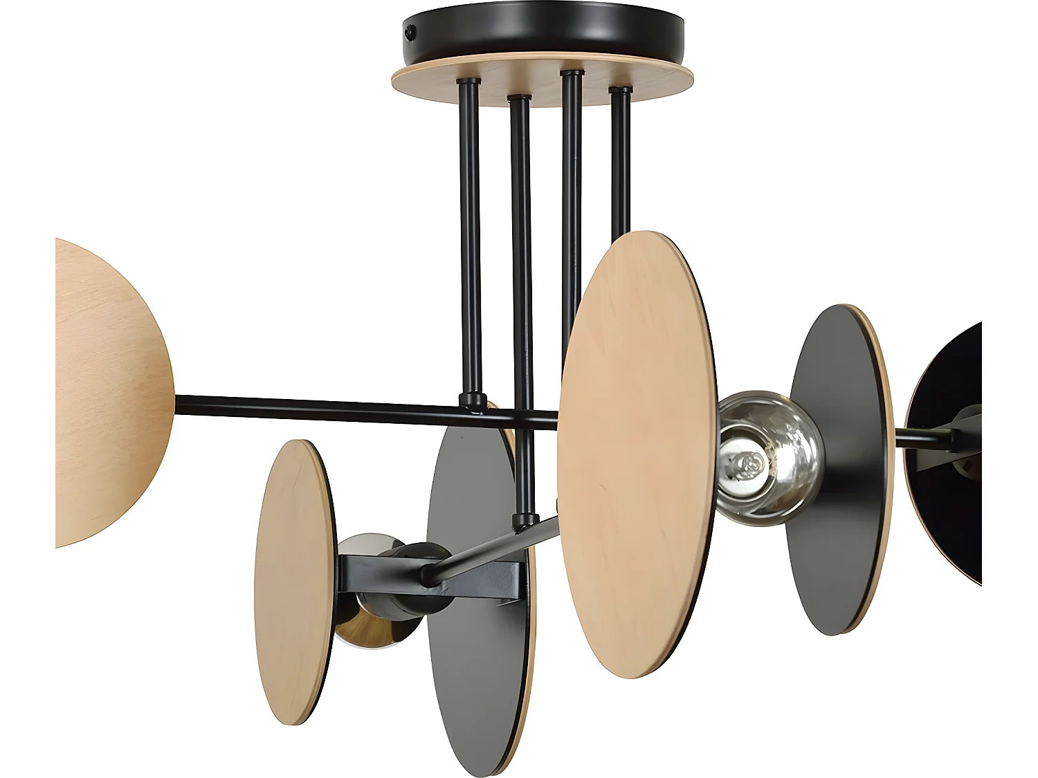 Olante Nordic plafondlamp met 8 ronde stukken in zwart en hout 4xE27 ø86cm