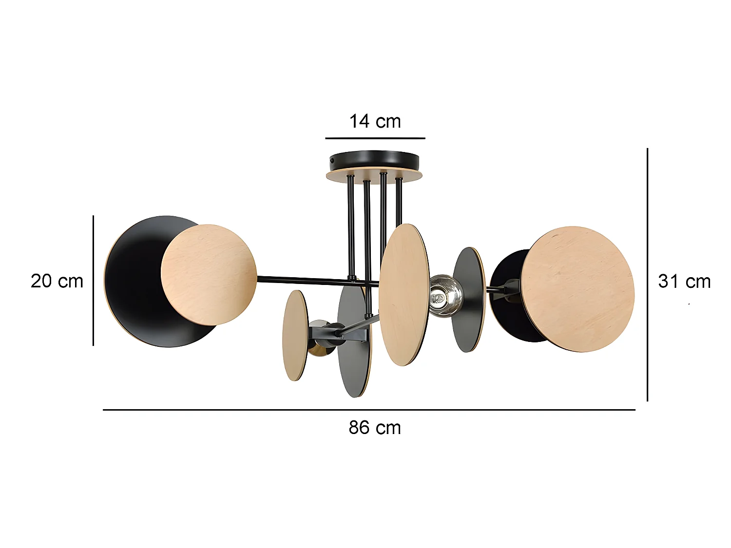 Olante Nordic plafondlamp met 8 ronde stukken in zwart en hout 4xE27 ø86cm