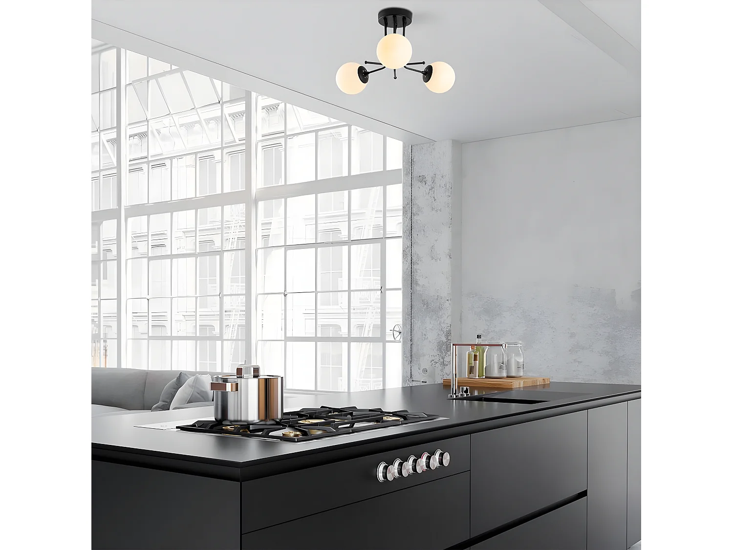 Zwarte Plafondlamp Marga met 3 witte glazen bollen 3xE27 ø48cm