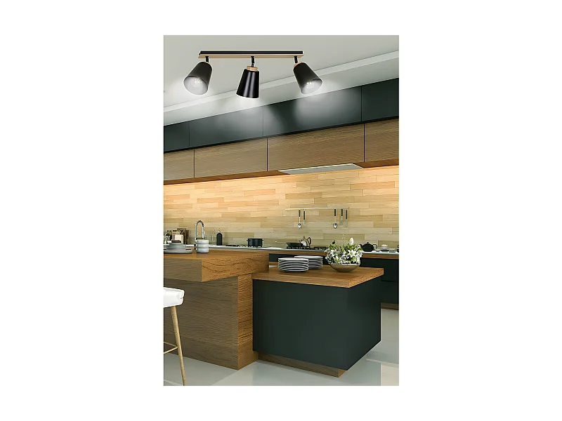 Plafonnier linéaire Tasla Nordic en métal et bois avec 3 abat-jour noirs orientables 3xE27