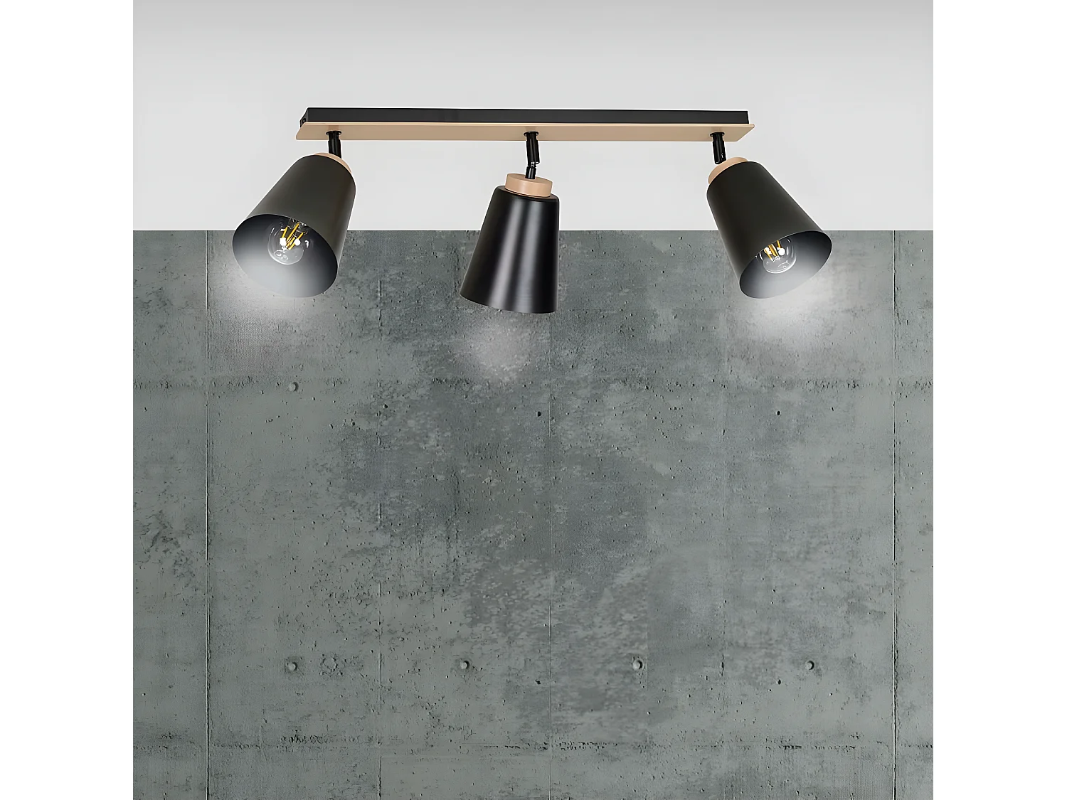 Plafonnier linéaire Tasla Nordic en métal et bois avec 3 abat-jour noirs orientables 3xE27