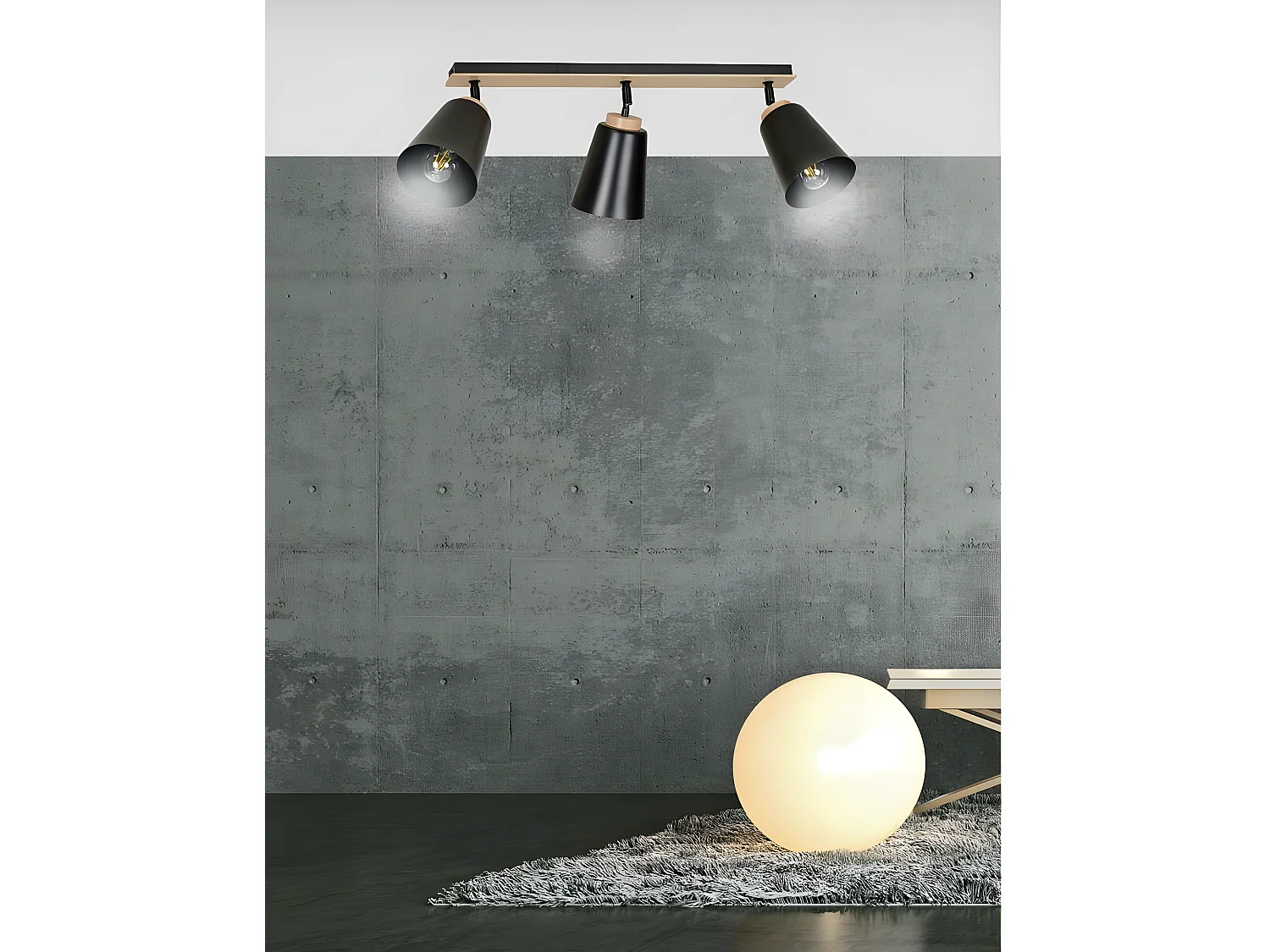 Plafonnier linéaire Tasla Nordic en métal et bois avec 3 abat-jour noirs orientables 3xE27