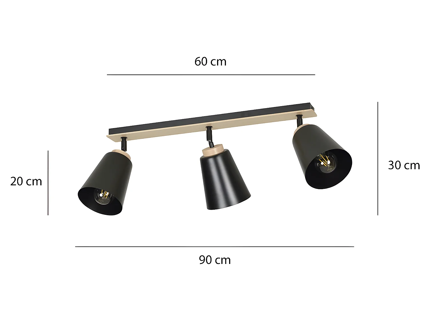 Plafonnier linéaire Tasla Nordic en métal et bois avec 3 abat-jour noirs orientables 3xE27