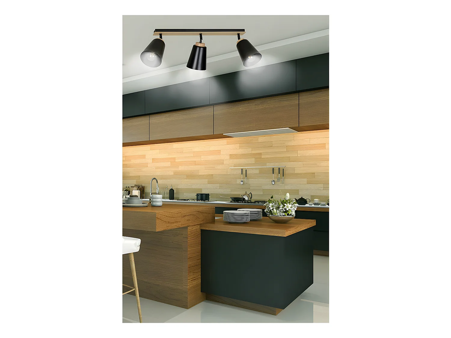 Plafonnier linéaire Tasla Nordic en métal et bois avec 3 abat-jour noirs orientables 3xE27