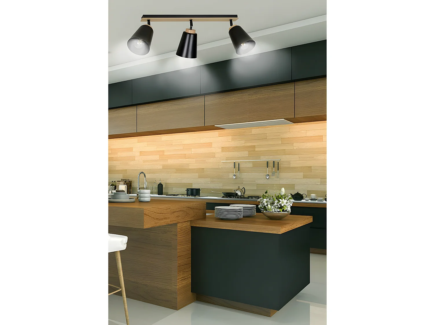 Plafonnier linéaire Tasla Nordic en métal et bois avec 3 abat-jour noirs orientables 3xE27