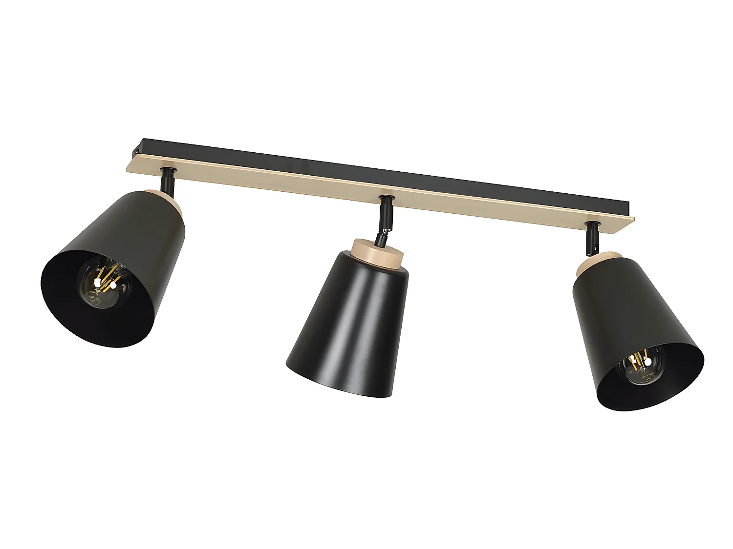 Plafonnier linéaire Tasla Nordic en métal et bois avec 3 abat-jour noirs orientables 3xE27