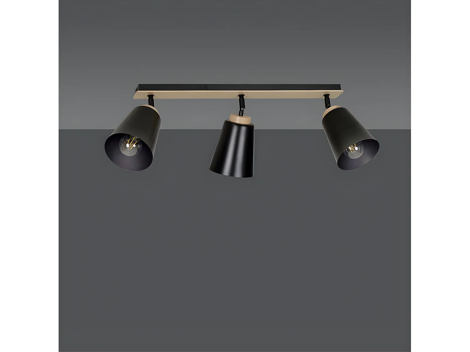 Plafonnier linéaire Tasla Nordic en métal et bois avec 3 abat-jour noirs orientables 3xE27