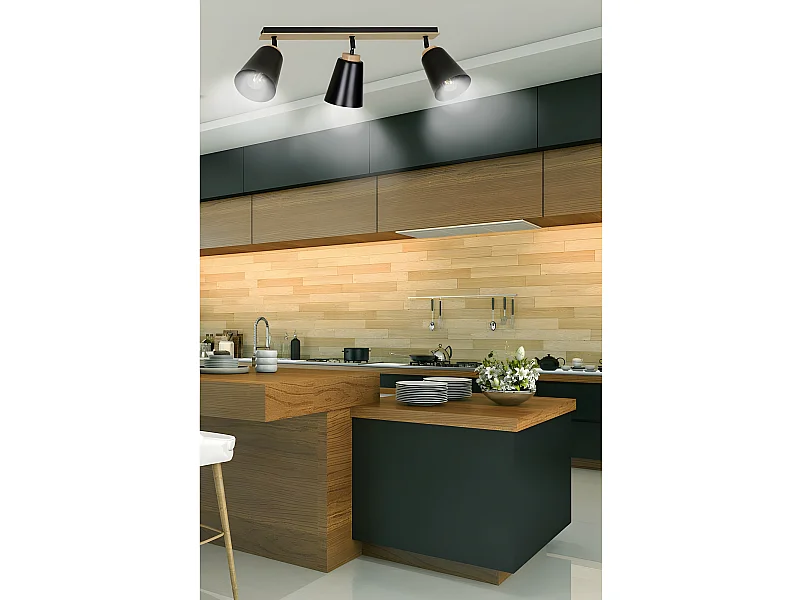 Faixa de teto nórdica Tasla em metal e madeira com 3 telas ajustáveis pretas 3xE27