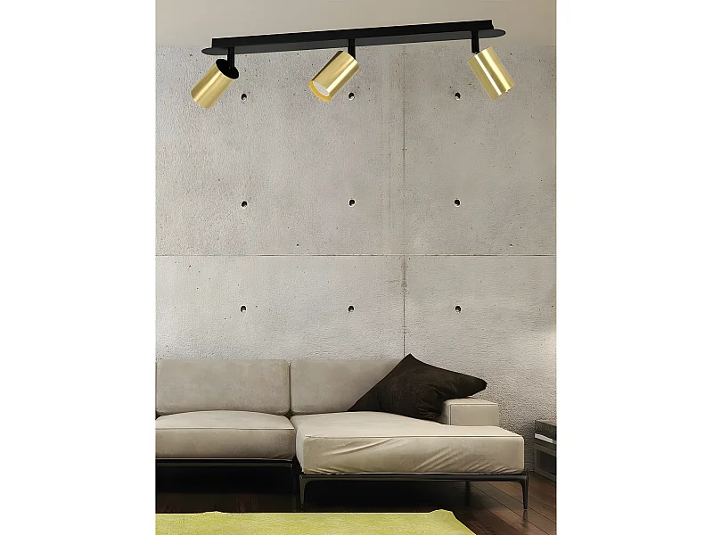 Plafonnier linéaire noire moderne Tao avec 3 spots dorés orientables 3xGU10