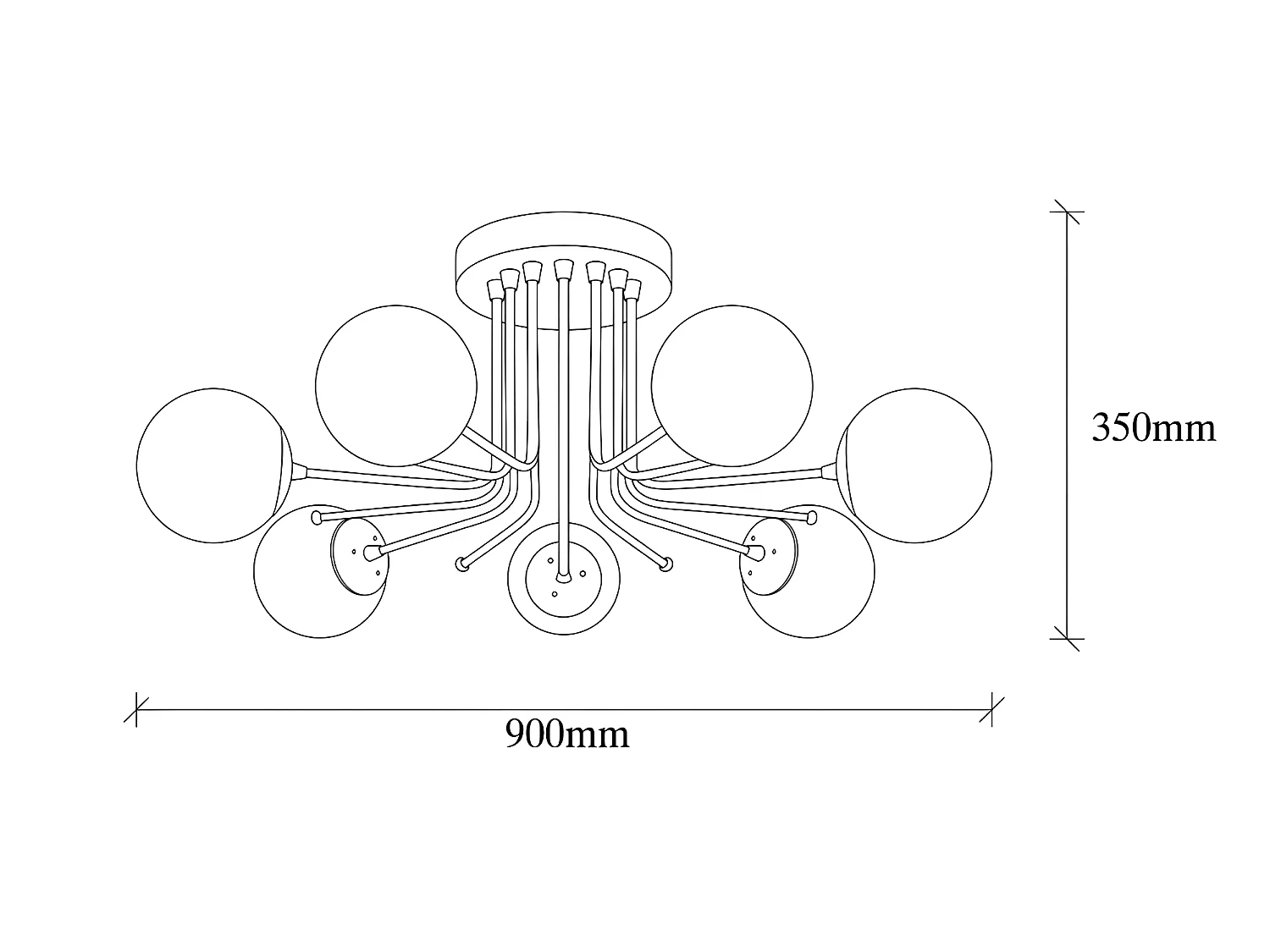 Plafoniera Marga nera con 7 sfere in vetro bianco 7xE27 ø90cm