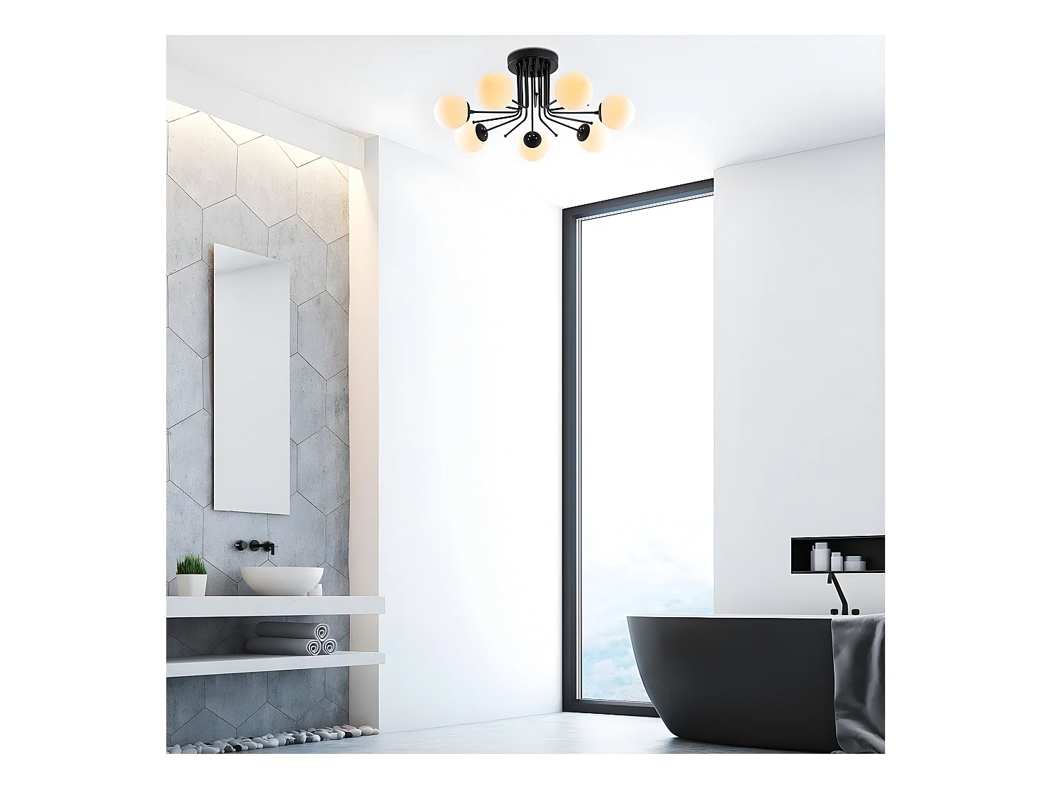 Plafonnier Marga noir avec 7 sphères en verre blanc 7xE27 ø90cm