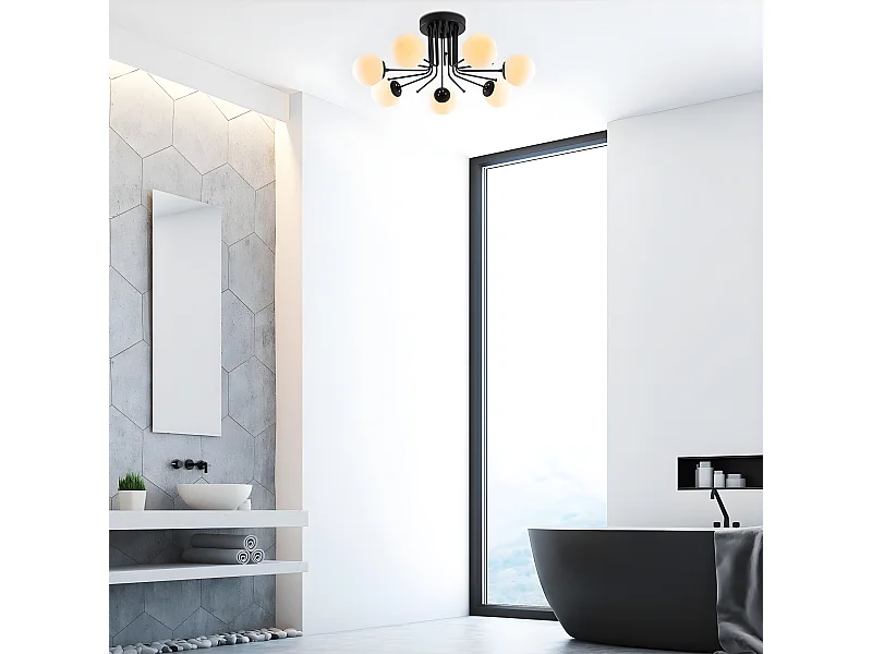 Plafonnier Marga noir avec 7 sphères en verre blanc 7xE27 ø90cm