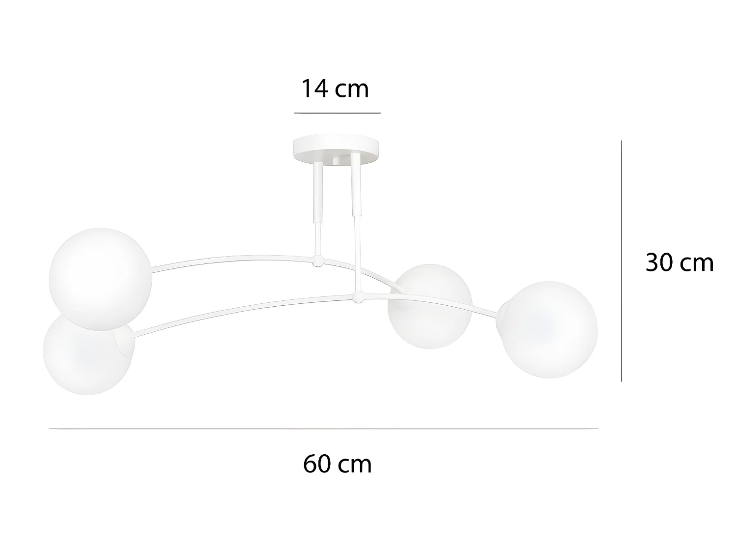 Plafonnier Mobis moderne avec barres blanches irrégulières et 4 sphères en verre 4xE14