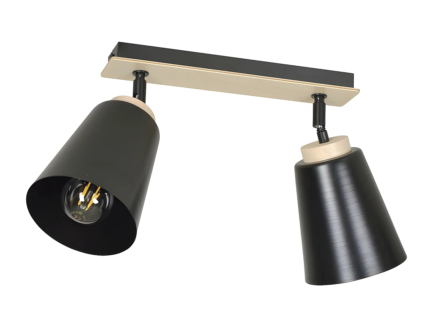 Plafonnier linéaire Tasla Nordic en métal et bois avec 2 abat-jour noirs orientables 2xE27