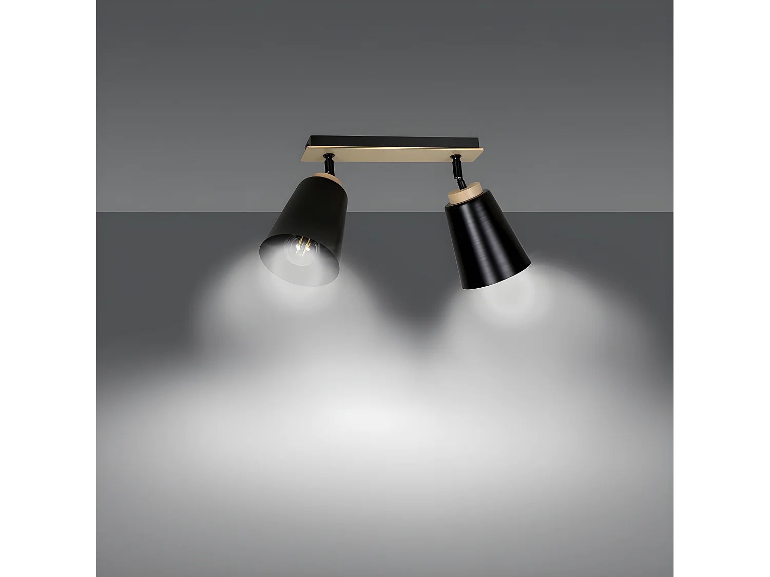 Plafonnier linéaire Tasla Nordic en métal et bois avec 2 abat-jour noirs orientables 2xE27