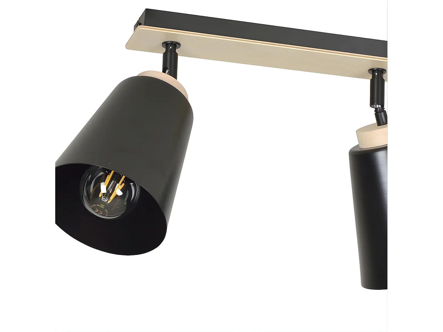 Plafonnier linéaire Tasla Nordic en métal et bois avec 2 abat-jour noirs orientables 2xE27