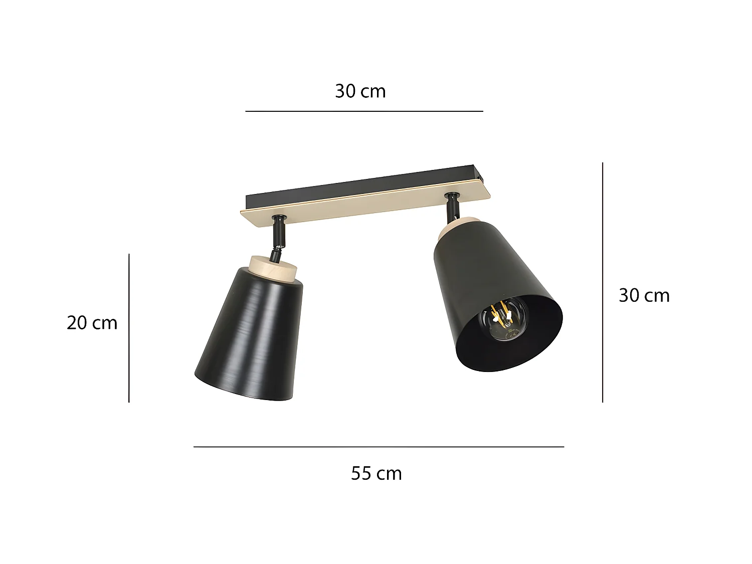 Plafonnier linéaire Tasla Nordic en métal et bois avec 2 abat-jour noirs orientables 2xE27