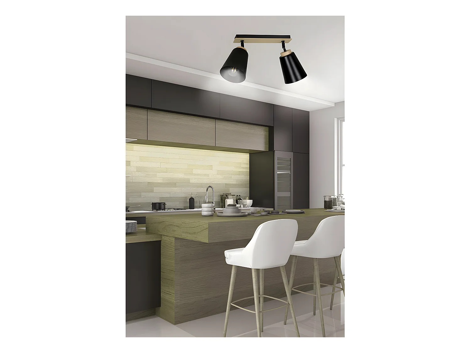 Plafonnier linéaire Tasla Nordic en métal et bois avec 2 abat-jour noirs orientables 2xE27