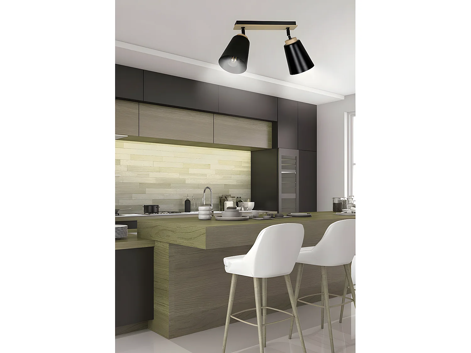 Plafonnier linéaire Tasla Nordic en métal et bois avec 2 abat-jour noirs orientables 2xE27