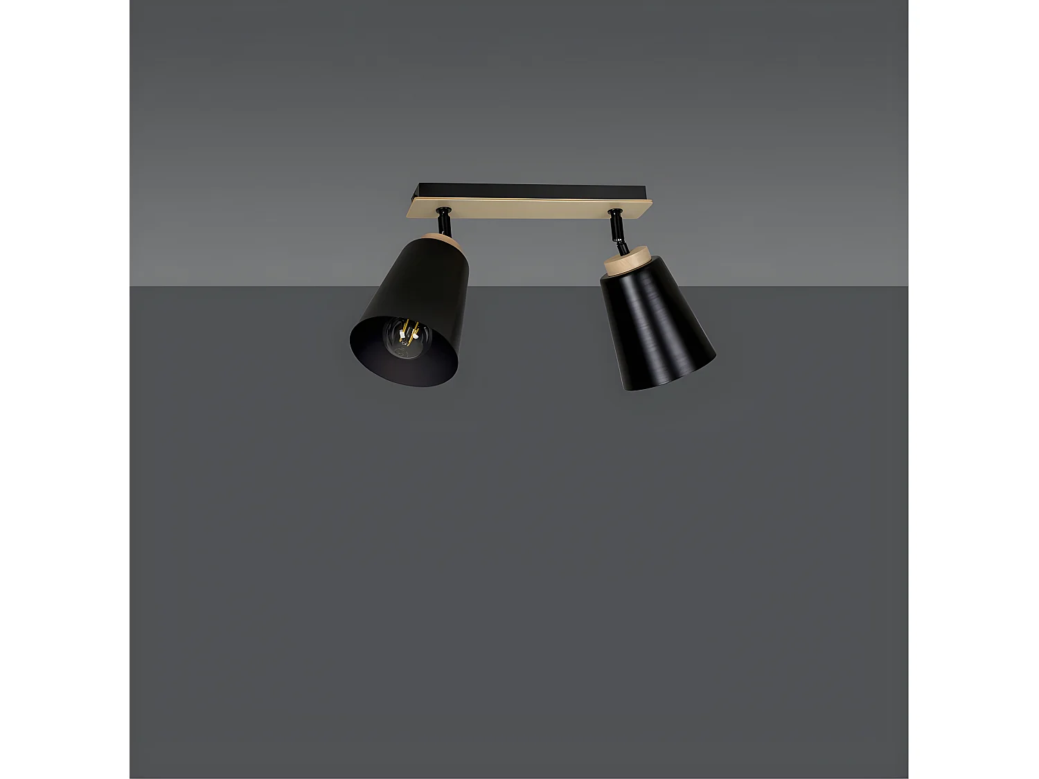 Plafonnier linéaire Tasla Nordic en métal et bois avec 2 abat-jour noirs orientables 2xE27