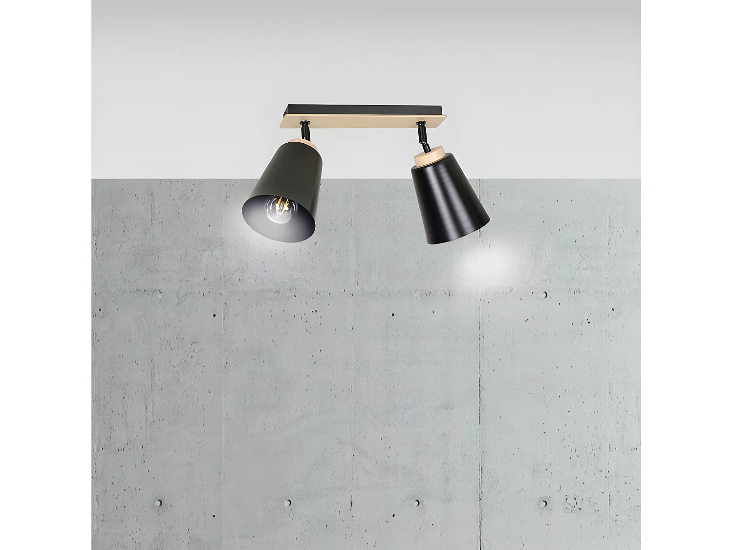 Plafonnier linéaire Tasla Nordic en métal et bois avec 2 abat-jour noirs orientables 2xE27