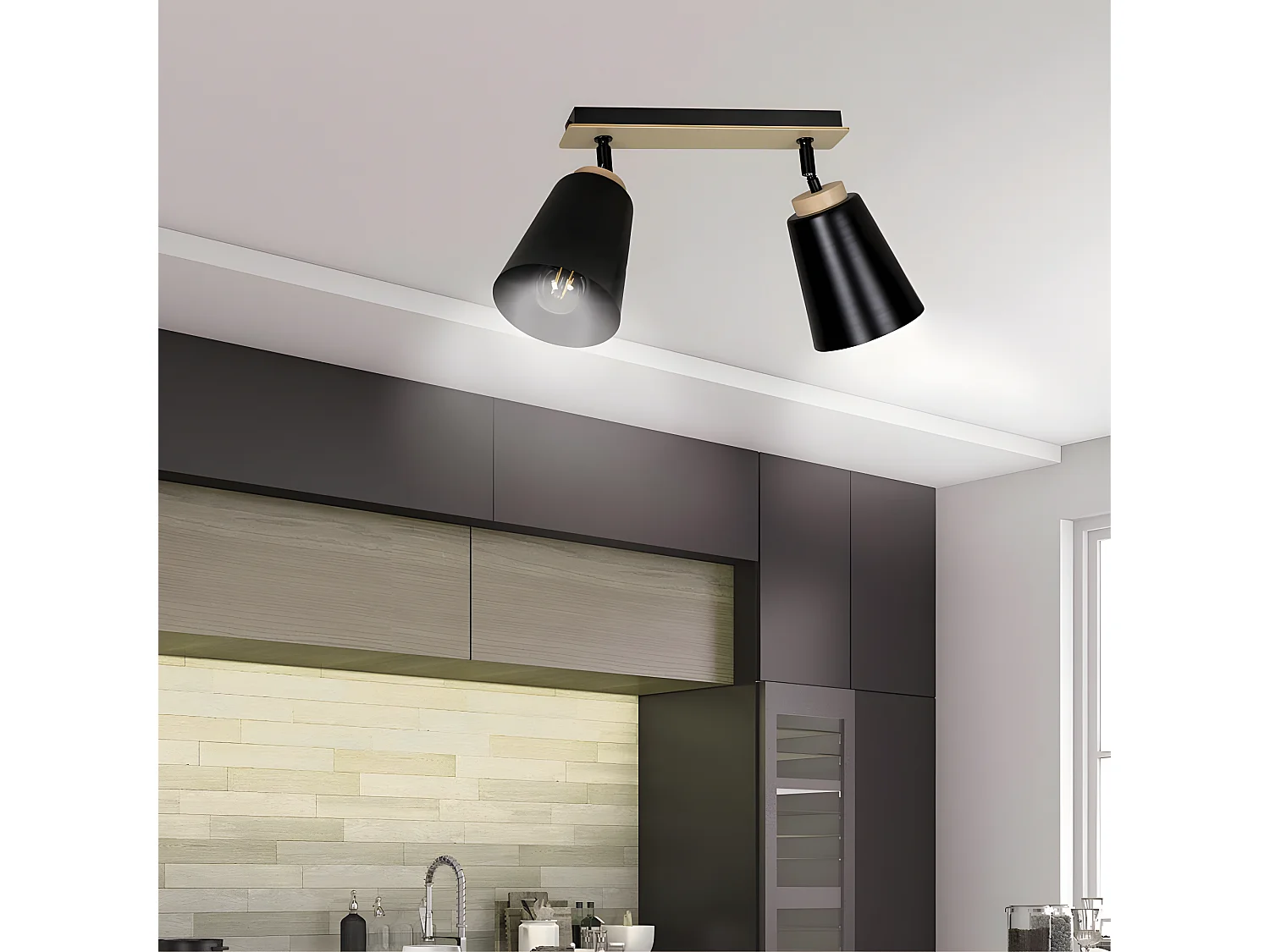 Plafonnier linéaire Tasla Nordic en métal et bois avec 2 abat-jour noirs orientables 2xE27