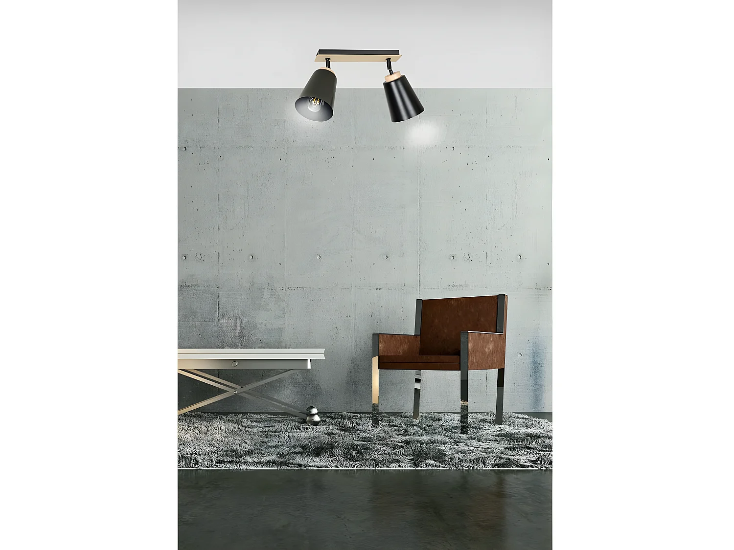 Plafonnier linéaire Tasla Nordic en métal et bois avec 2 abat-jour noirs orientables 2xE27