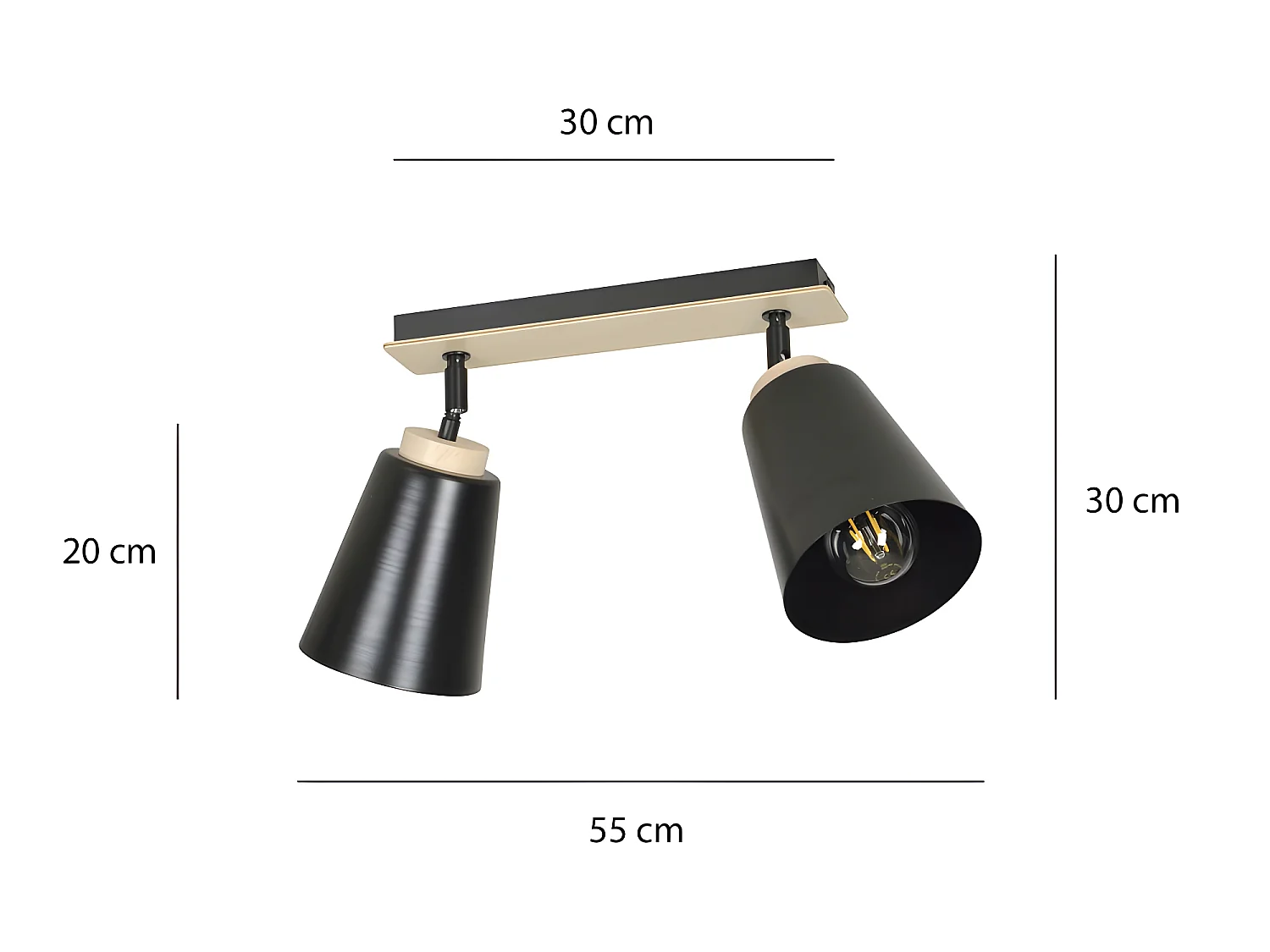 Plafonnier linéaire Tasla Nordic en métal et bois avec 2 abat-jour noirs orientables 2xE27