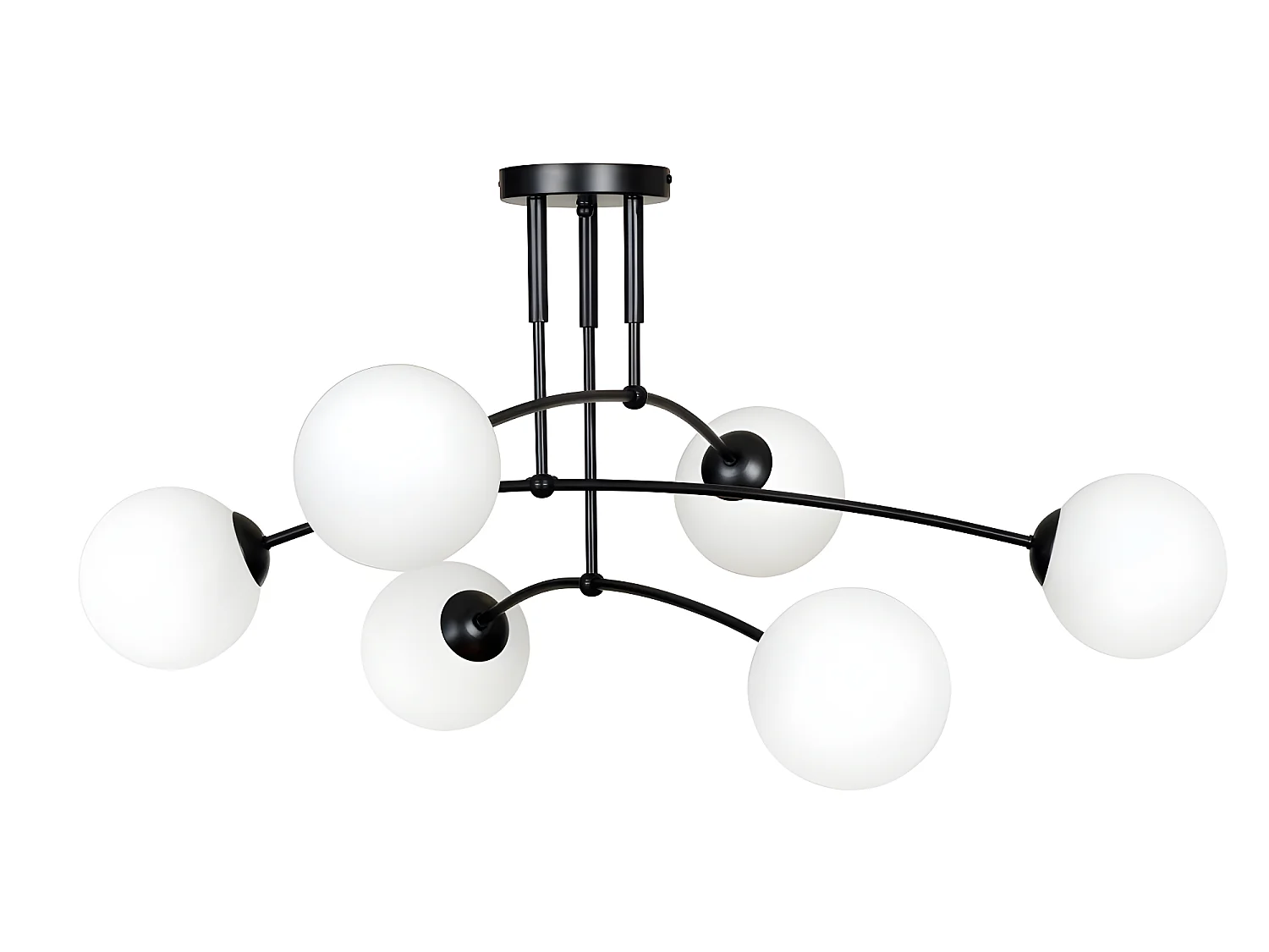 Moderne Mobis plafondlamp met onregelmatige spijlen zwart en 6 glazen bollen 6xE14