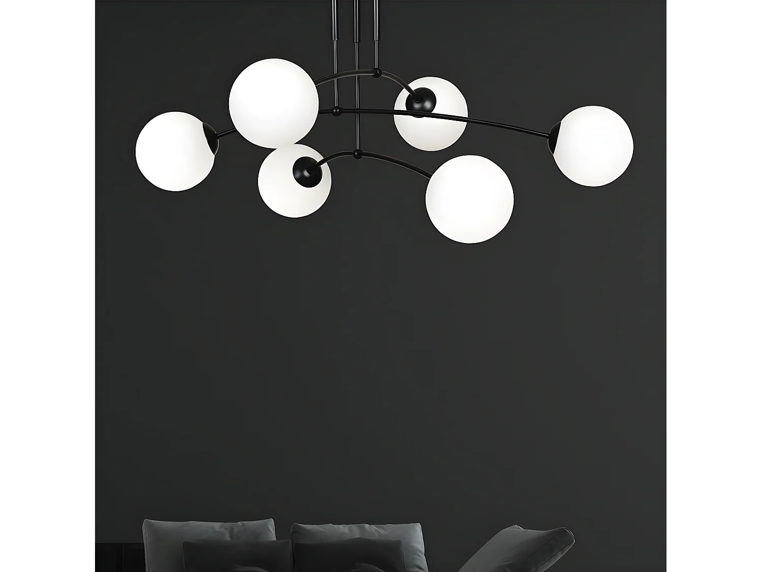 Moderne Mobis plafondlamp met onregelmatige spijlen zwart en 6 glazen bollen 6xE14