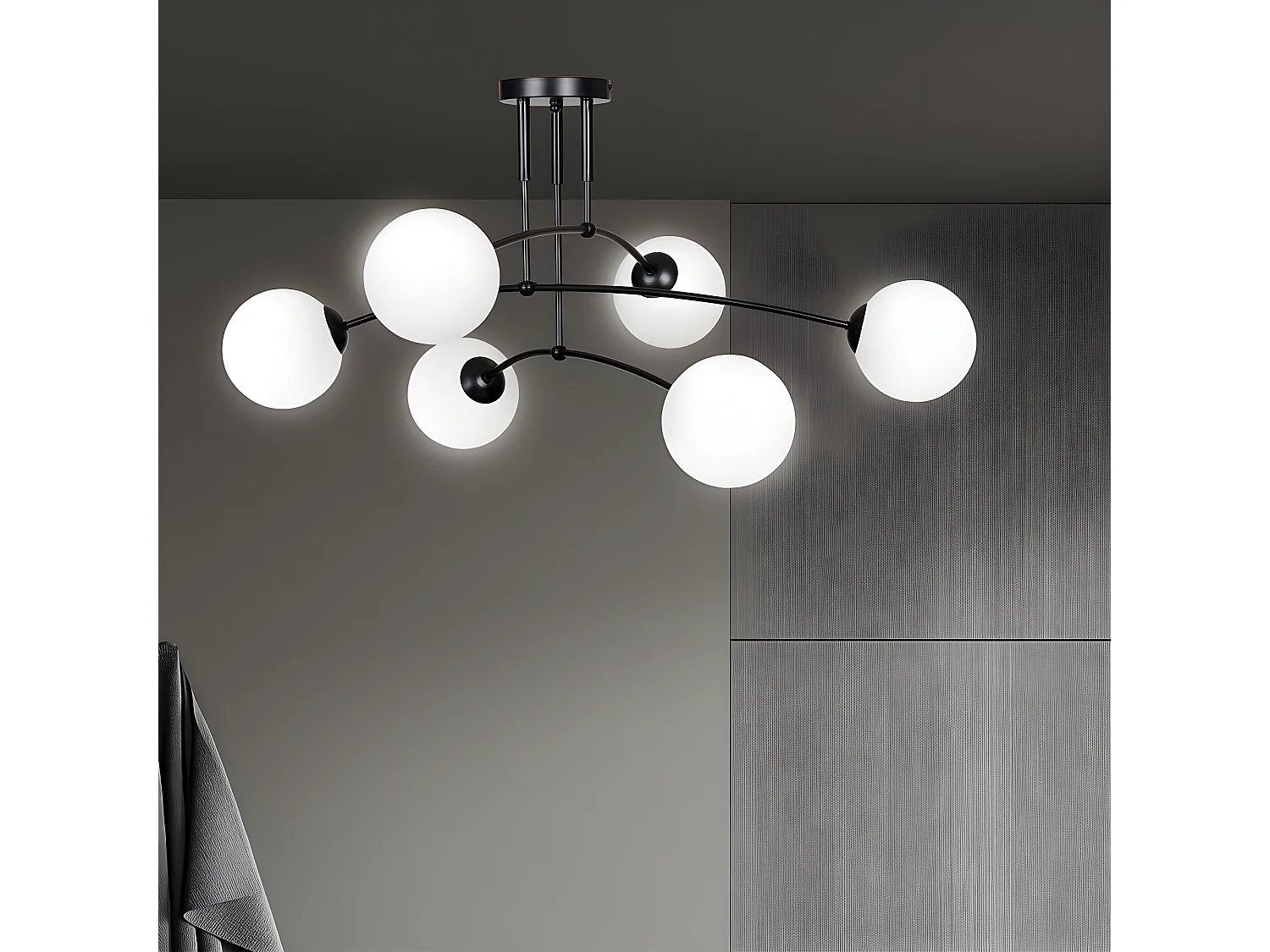 Moderne Mobis plafondlamp met onregelmatige spijlen zwart en 6 glazen bollen 6xE14