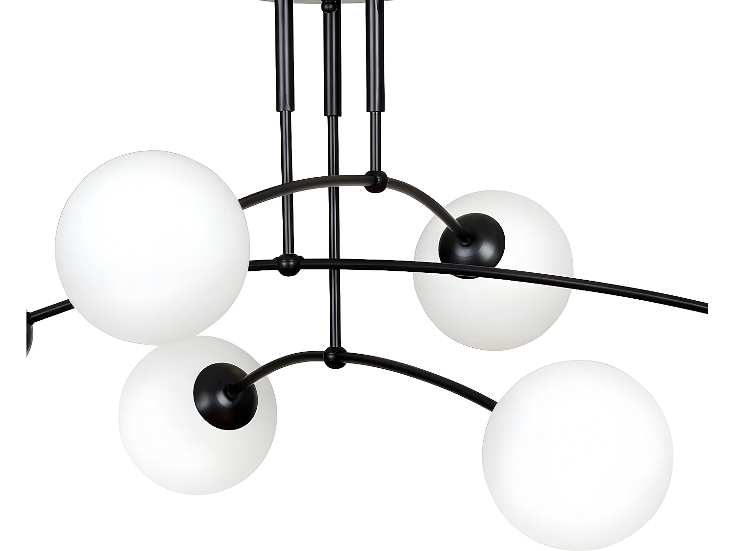 Moderne Mobis plafondlamp met onregelmatige spijlen zwart en 6 glazen bollen 6xE14