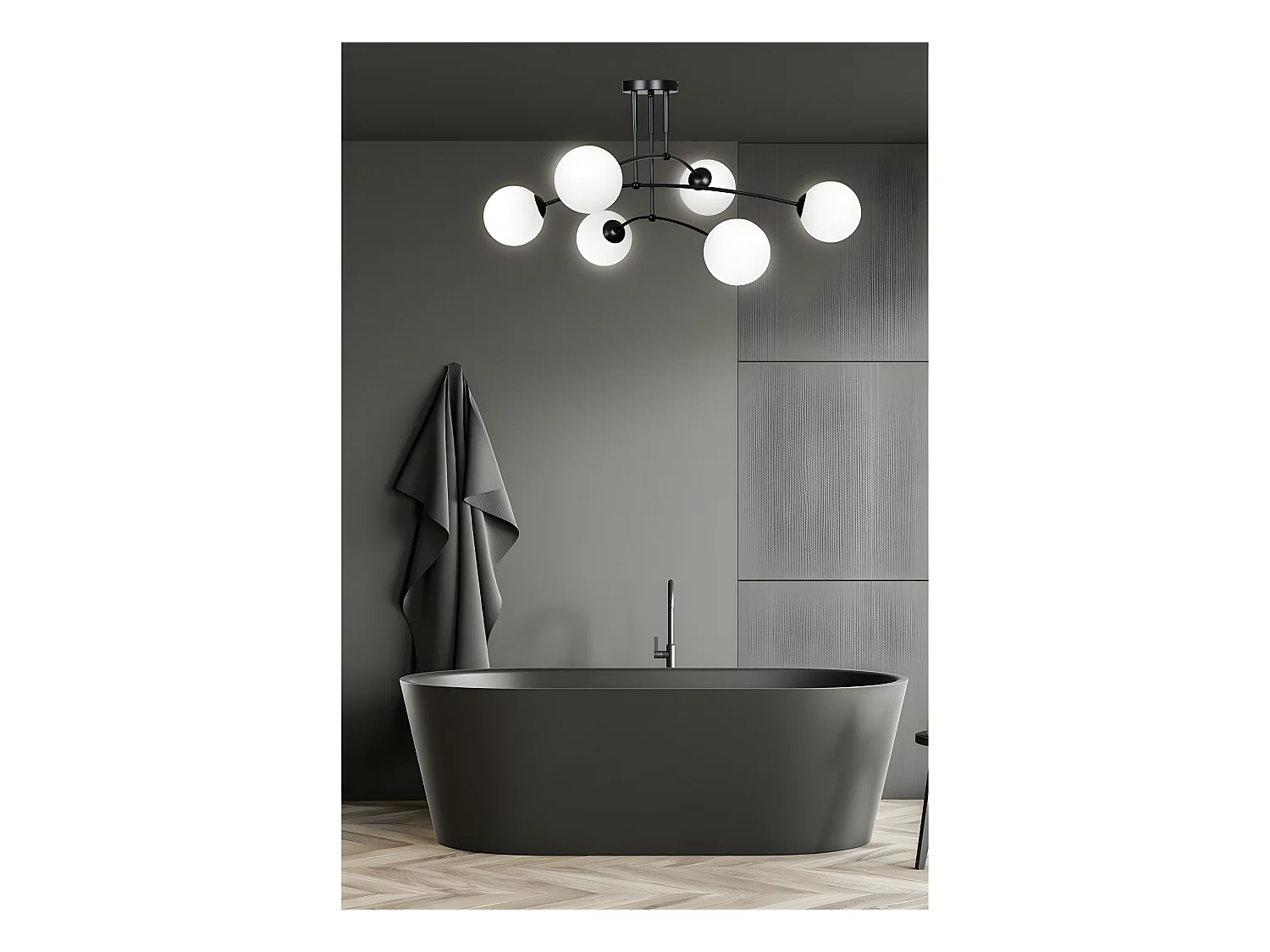 Plafonnier Mobis moderne avec barres noires irrégulières et 6 sphères en verre 6xE14