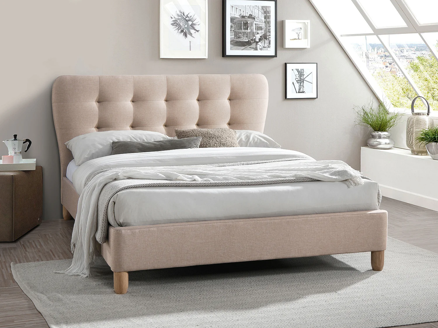 Bed 160 x 200 cm met hoofdbord met capitons - Stof - Beige - ELIDE