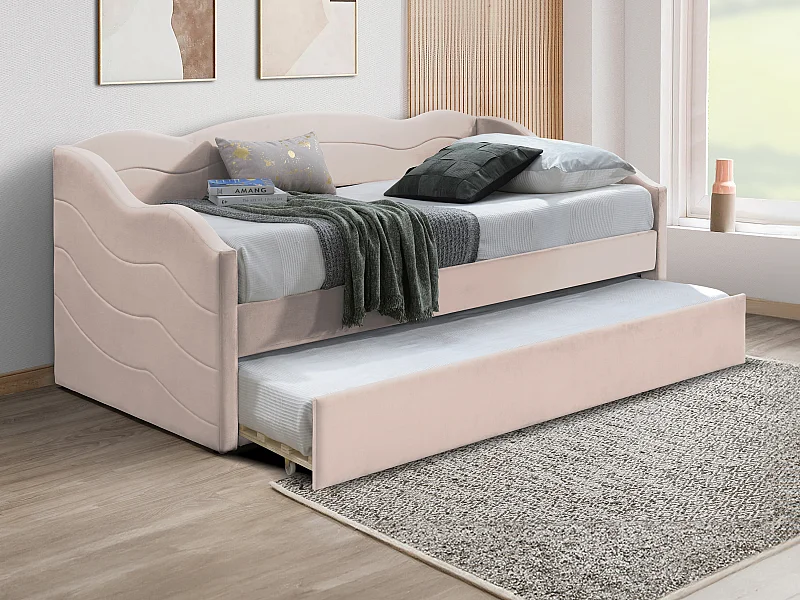 Lit banquette gigogne 2 x 90 x 190 cm - Velours - Rose - LENVIA
